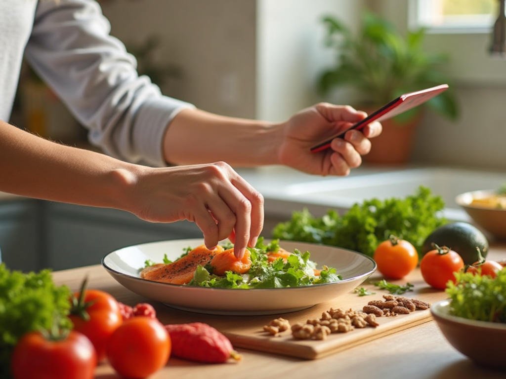 Person preparing a healthy Switch-On Diet meal with anti-inflammatory ingredients and a meal plan guide
