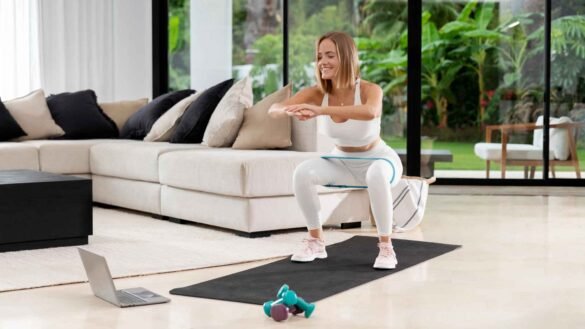 Woman performing squats during home workout with laptop and weights on yoga mat in living room