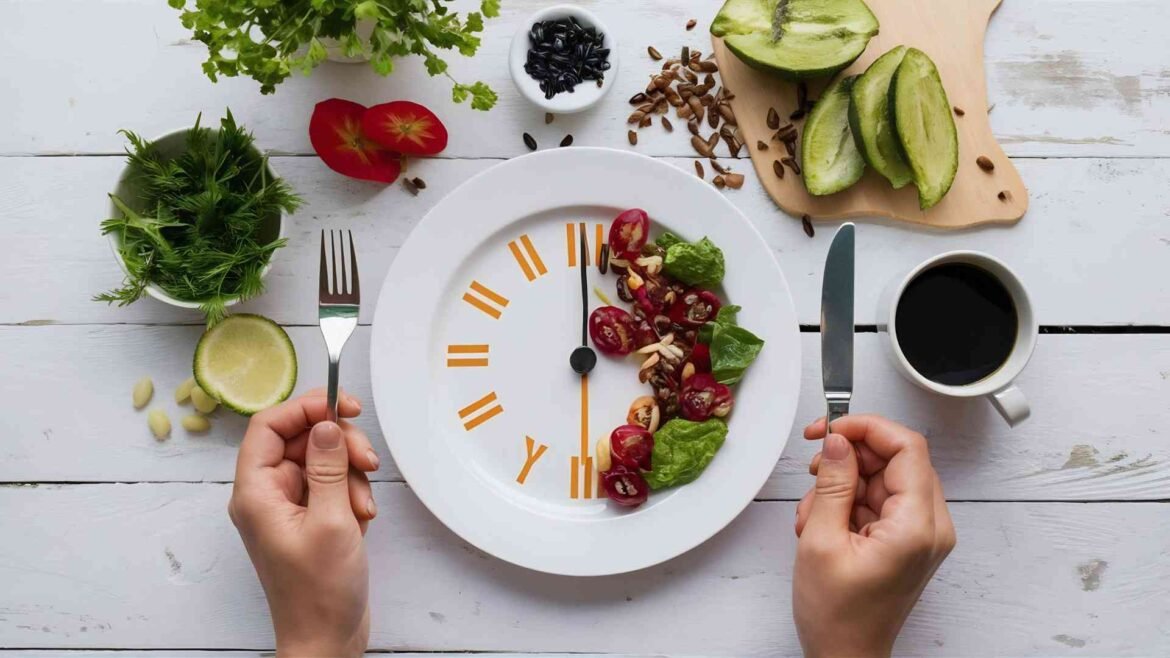 Clock-shaped plate with healthy food symbolizing intermittent fasting for weight loss, with hands holding utensils, greens, and black coffee on a white table