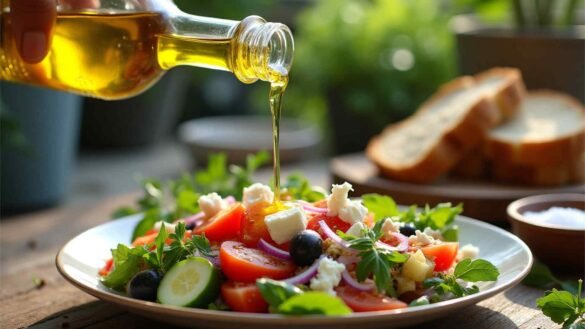 Fresh extra virgin olive oil being poured from a glass bottle onto a Mediterranean salad with vegetables and herbs