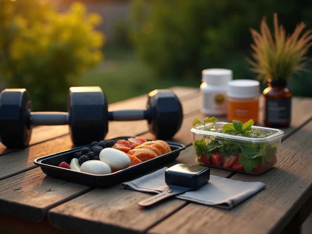 Mens Health and Fitness lifestyle nutrition with balanced meal prep, supplements, and dumbbell in 2025