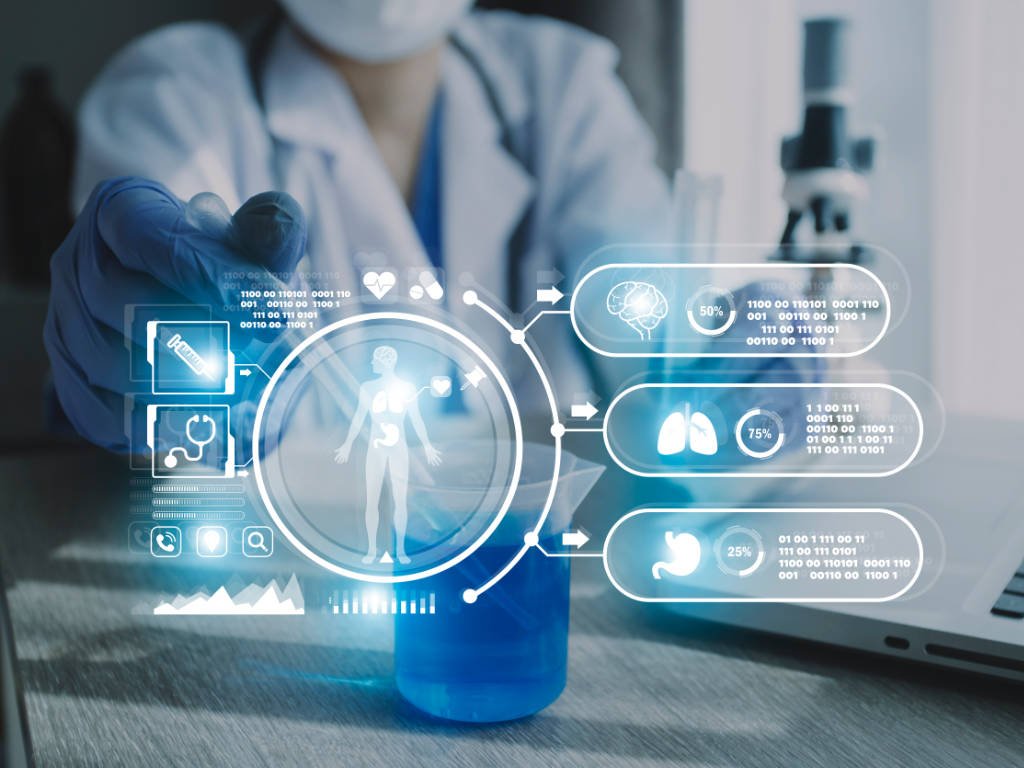 Doctor using AI technology for men's health optimization showing digital analysis of brain, lung and digestive health with data percentages