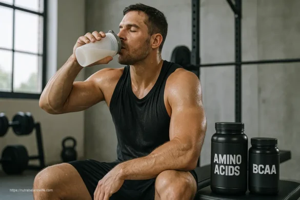 Athletic man taking muscle recovery supplements after intense workout for faster gains and reduced soreness