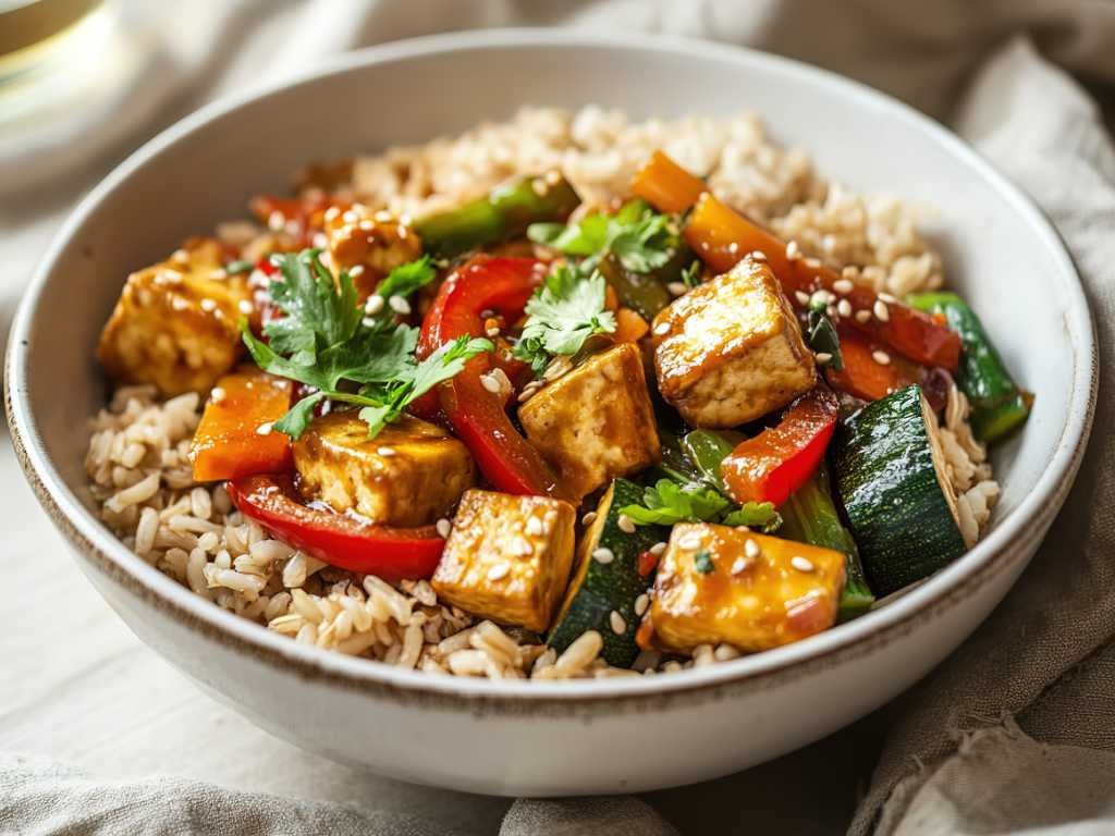 Balanced plant-based meal with tofu and vegetables to help shed pounds safely through nutrient-dense ingredients and portion control