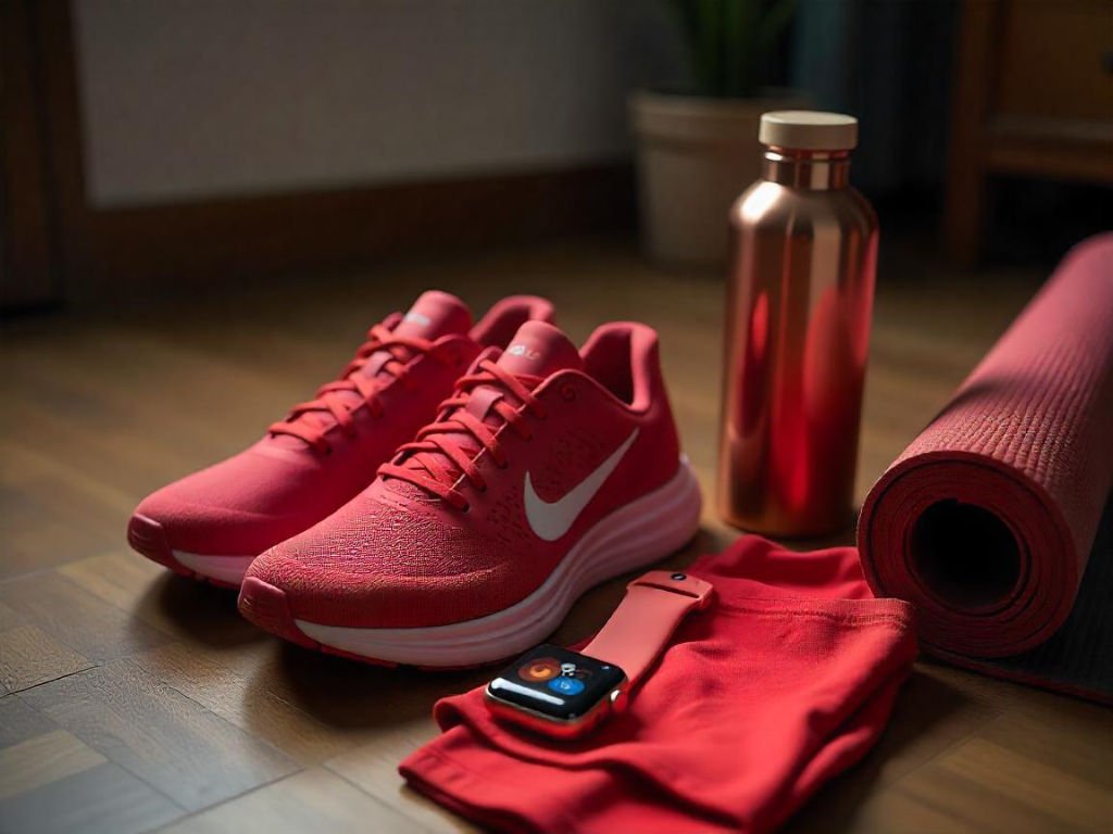 Red sneakers, water bottle, smartwatch, and yoga mat showcasing key exercise essentials for beginners