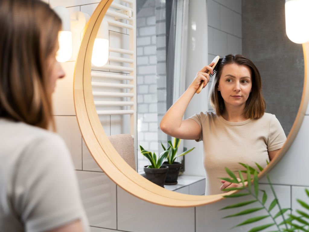 Woman brushing healthy hair after cold shower, demonstrating how cold showers improve hair appearance and strength