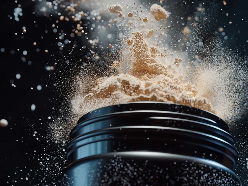Creatine powder being poured, a key ingredient in pre-workout supplements for enhancing strength and power