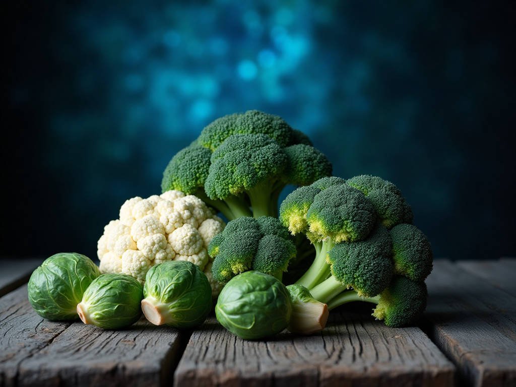 Fresh cruciferous vegetables including broccoli, cauliflower and Brussels sprouts to help shed pounds through nutrient-dense, low-calorie eating