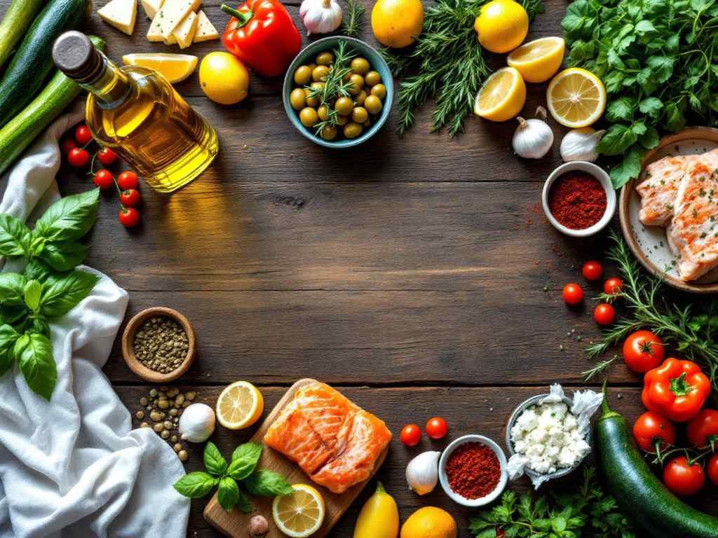 Essential ingredients for low-carb Mediterranean dishes arranged on wooden background including salmon, olive oil, fresh herbs and vegetables