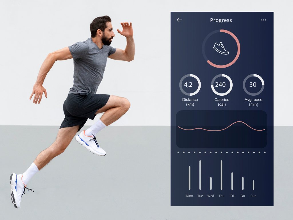 Fitness app dashboard showing comprehensive progress tracking metrics for fitness journey including distance, calories, and weekly activity charts