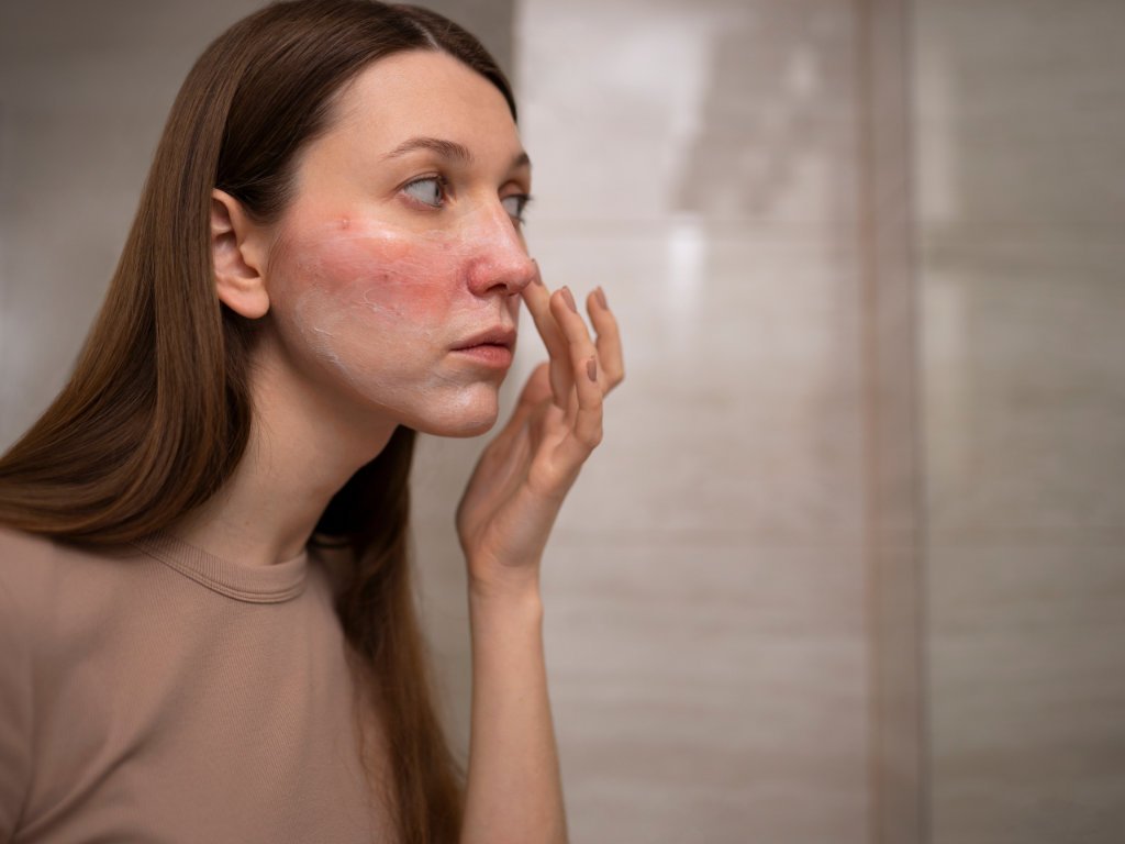 Woman gently caring for stressed skin using holistic beauty routines to build resilience against environmental damage
