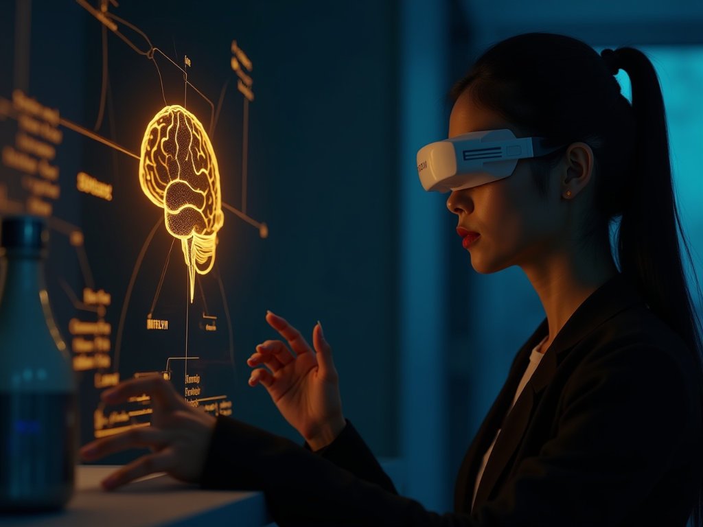Woman using advanced neural interface technology to visualize brain function, representing how Mitolyn supplement enhances cognitive performance