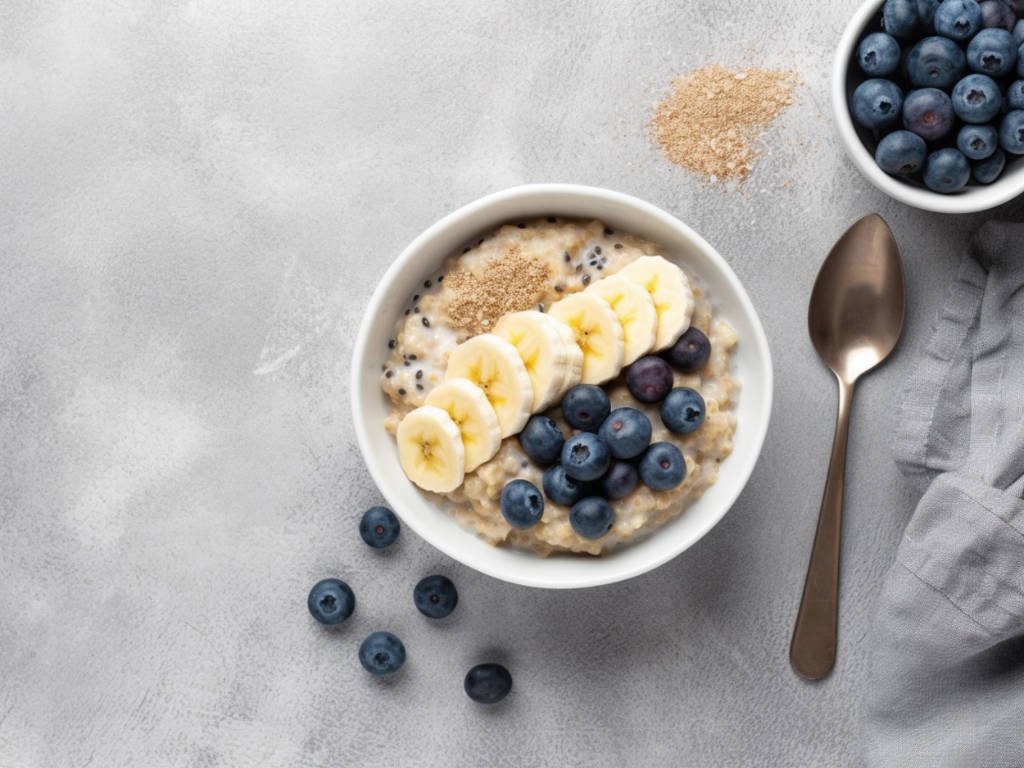 Nutritious bowl of oatmeal topped with bananas and blueberries to help shed pounds and keep hunger away