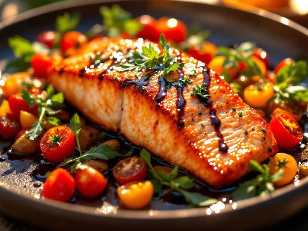 Perfectly pan-seared salmon with colorful Mediterranean vegetables - a stunning low-carb Mediterranean dish for healthy weight loss