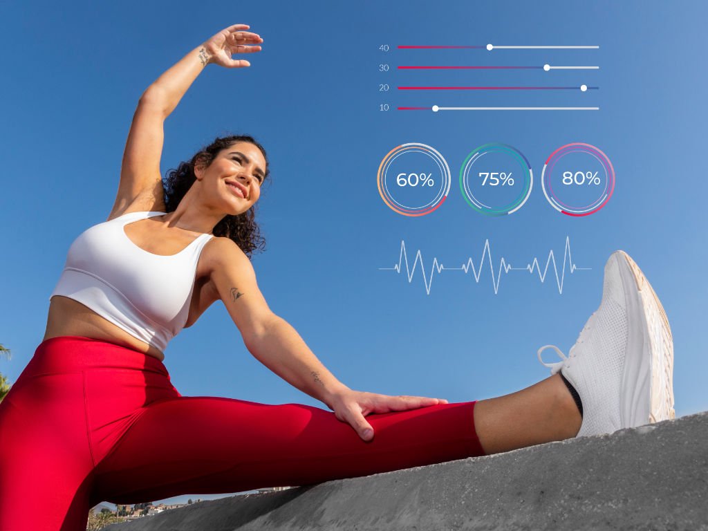 Woman stretching during cardio workouts with heart rate and fitness metrics tracking