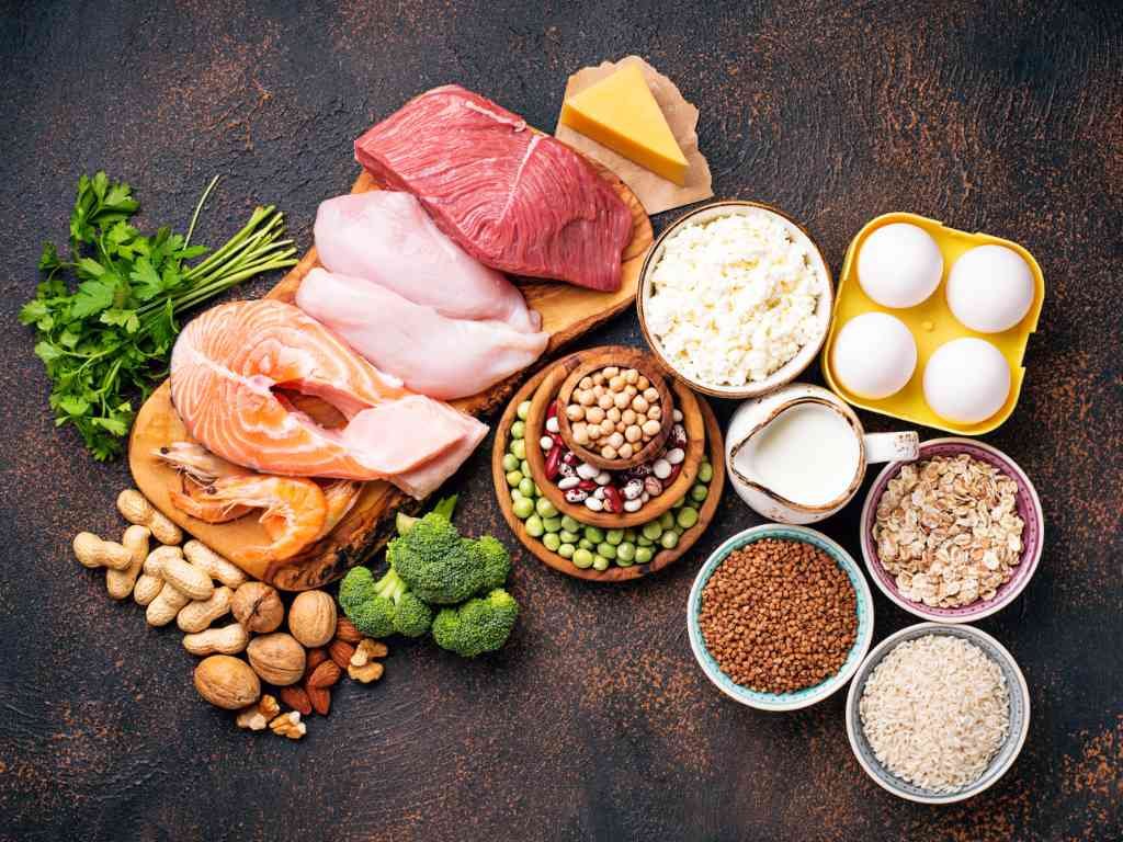 Variety of protein-rich foods including eggs, salmon, chicken, beef, cottage cheese, legumes, and nuts arranged on dark surface to fuel your fitness journey