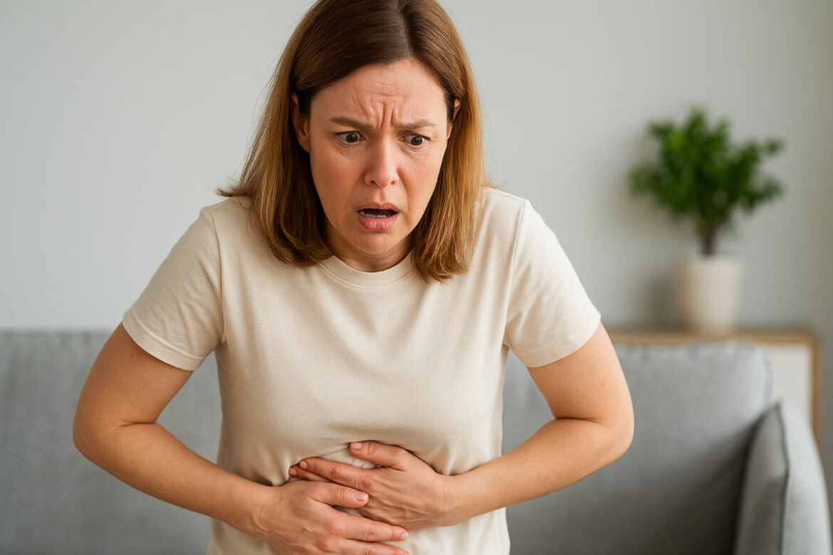 Woman experiencing digestive discomfort showing gut health warning signs.