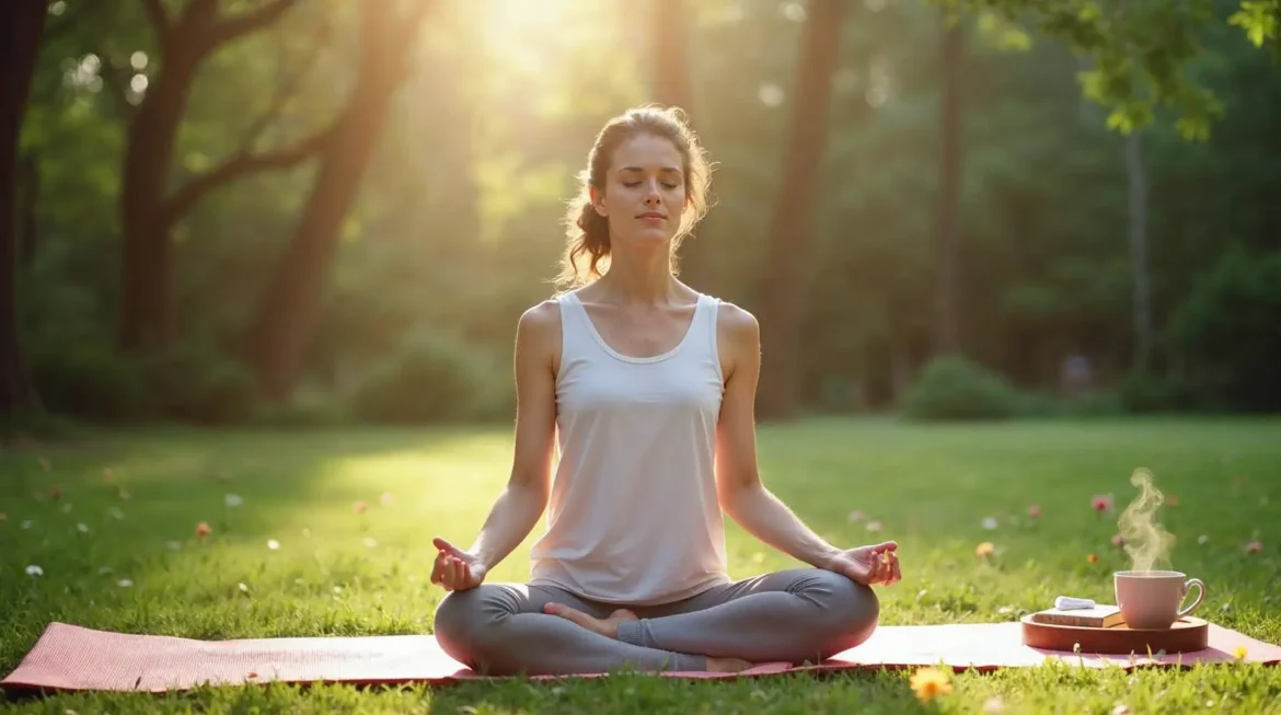 Woman using breathing exercises and herbal remedies to manage anxiety naturally outdoors
