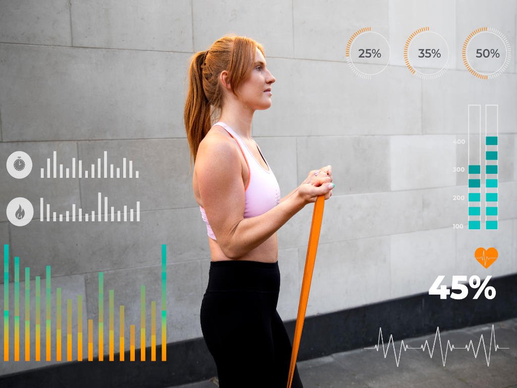 Woman doing resistance band exercises to boost your metabolism with fitness tracking data showing heart rate and workout metrics