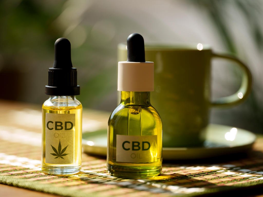 Two CBD oils for stress relief displayed with scientific precision showing different formulations for stress management