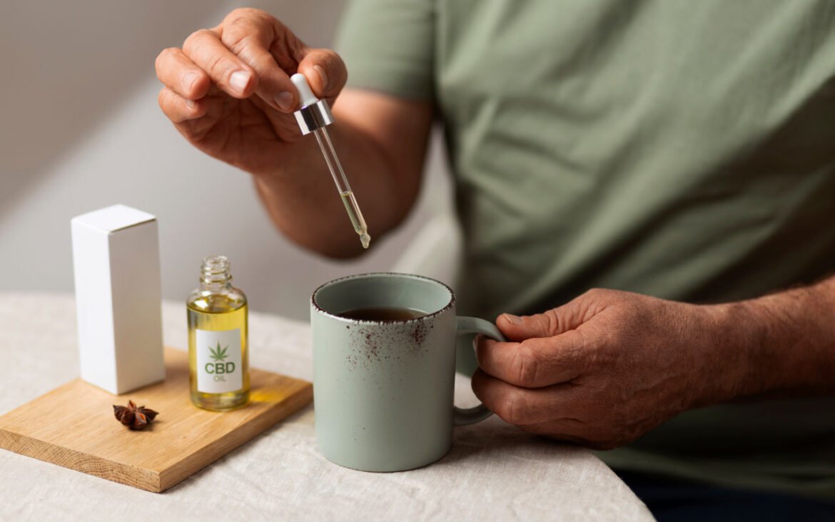 CBD oils for stress being added to beverage with dropper for natural wellness