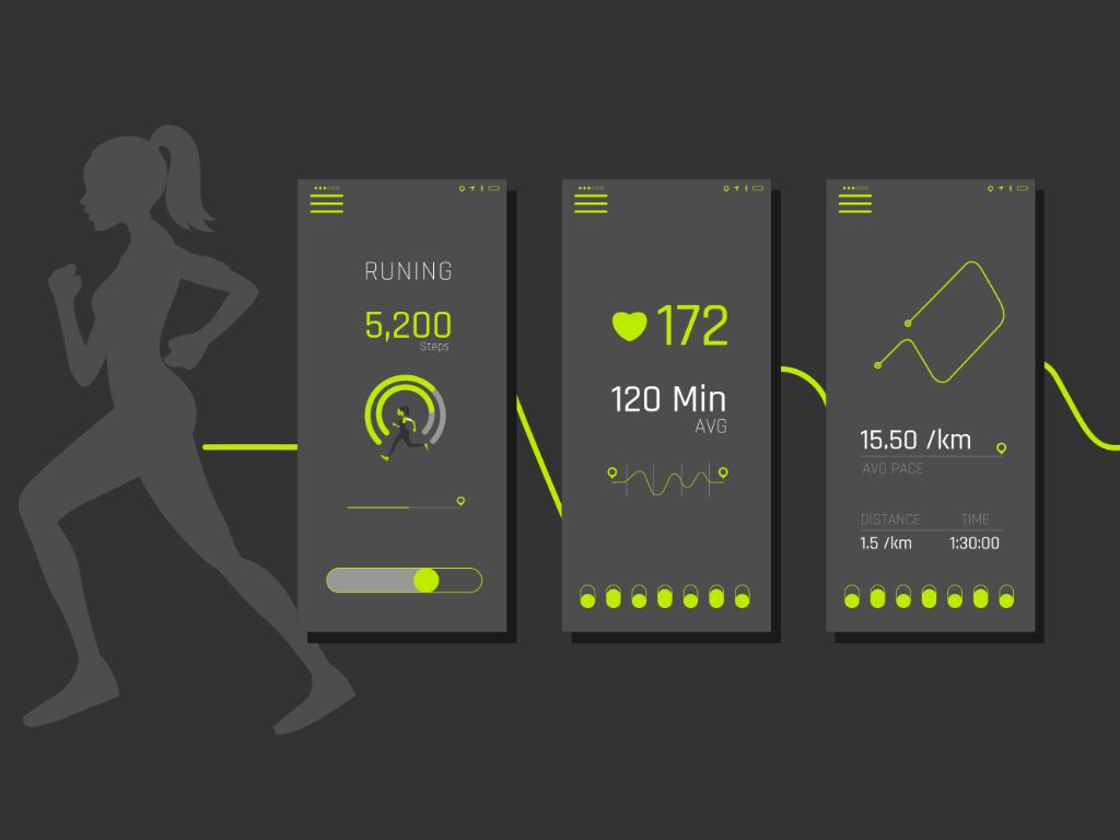 Fitness trends 2025 mobile app interfaces showing running metrics including steps, heart rate, and pace tracking on smartphone screens