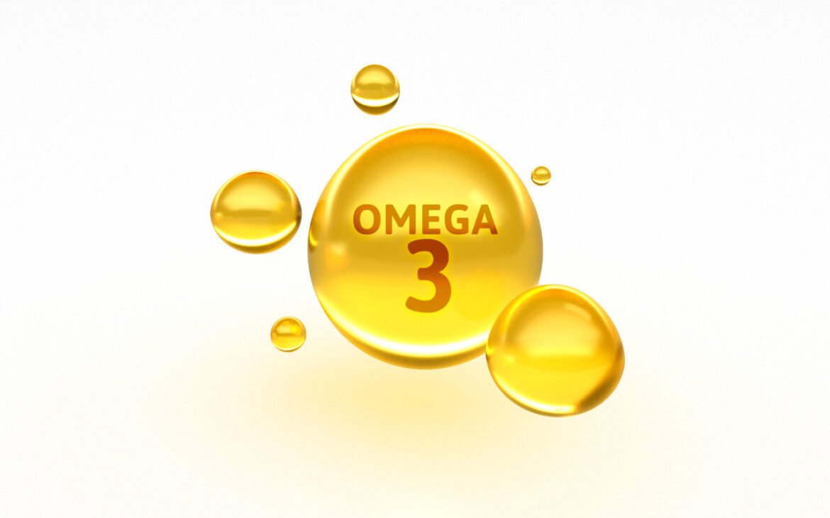 Omega-3 benefits for heart health shown with golden supplement capsules