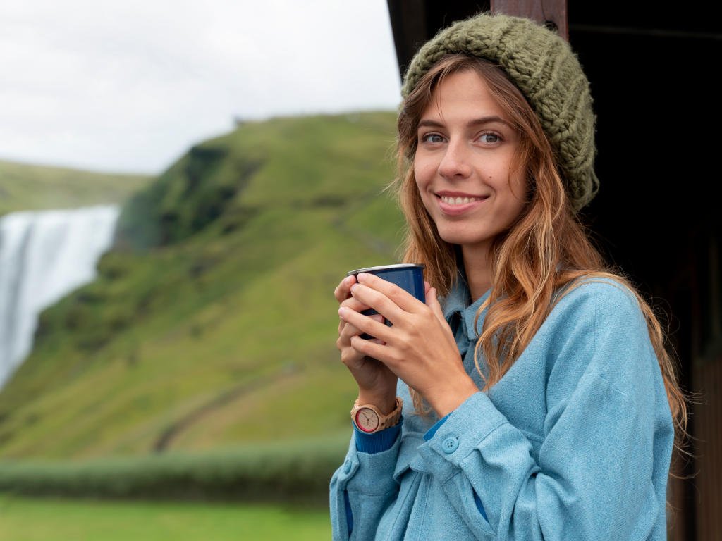 Happy woman sharing personal experience with teas for anxiety relief while enjoying warm drink in peaceful natural landscape