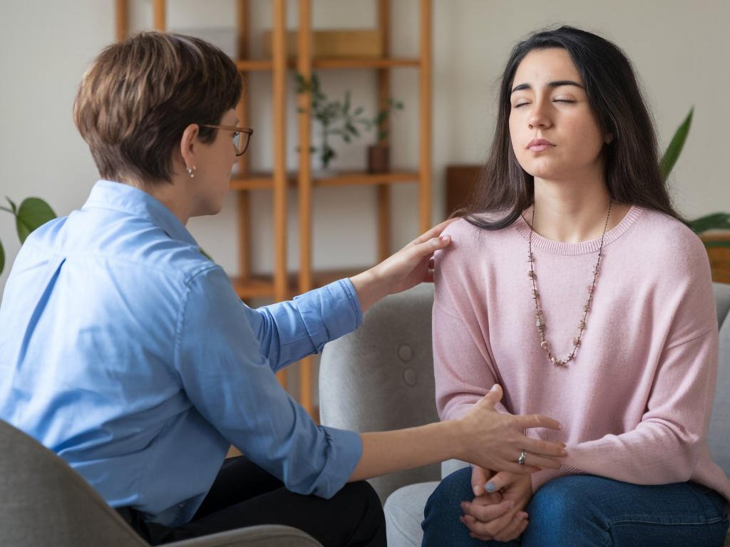 Professional therapist providing support for overcoming anxiety through counseling in a calm, therapeutic environment with plants and natural lighting