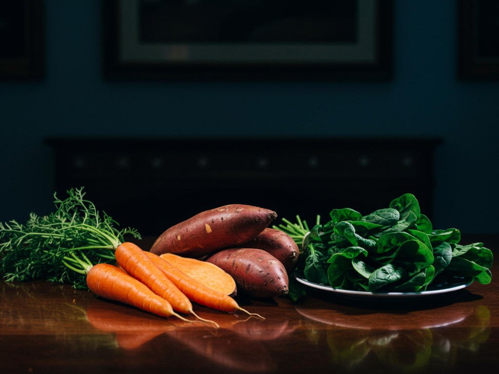 Essential vitamin A rich foods for radiant skin including fresh carrots, sweet potatoes and leafy greens - natural vitamins for healthy glowing skin