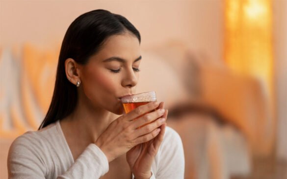 Peaceful woman enjoying calming teas for anxiety in serene home setting with warm lighting
