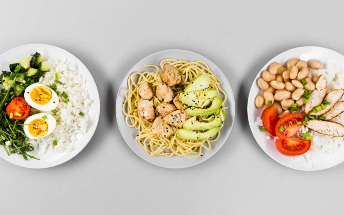 Three balanced nutrition meal examples featuring protein, vegetables, and whole grains arranged on white plates demonstrating complete balanced nutrition principles