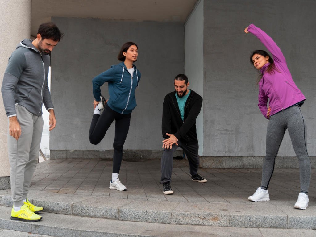 Group of four people demonstrating various dynamic stretching exercises including leg swings and side bends in athletic wear