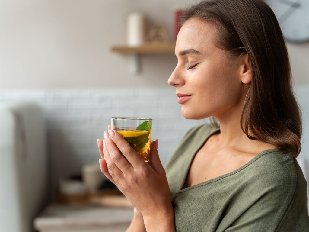 Woman enjoying green tea superfood beverage rich in antioxidants - essential superfoods for women's health and wellness