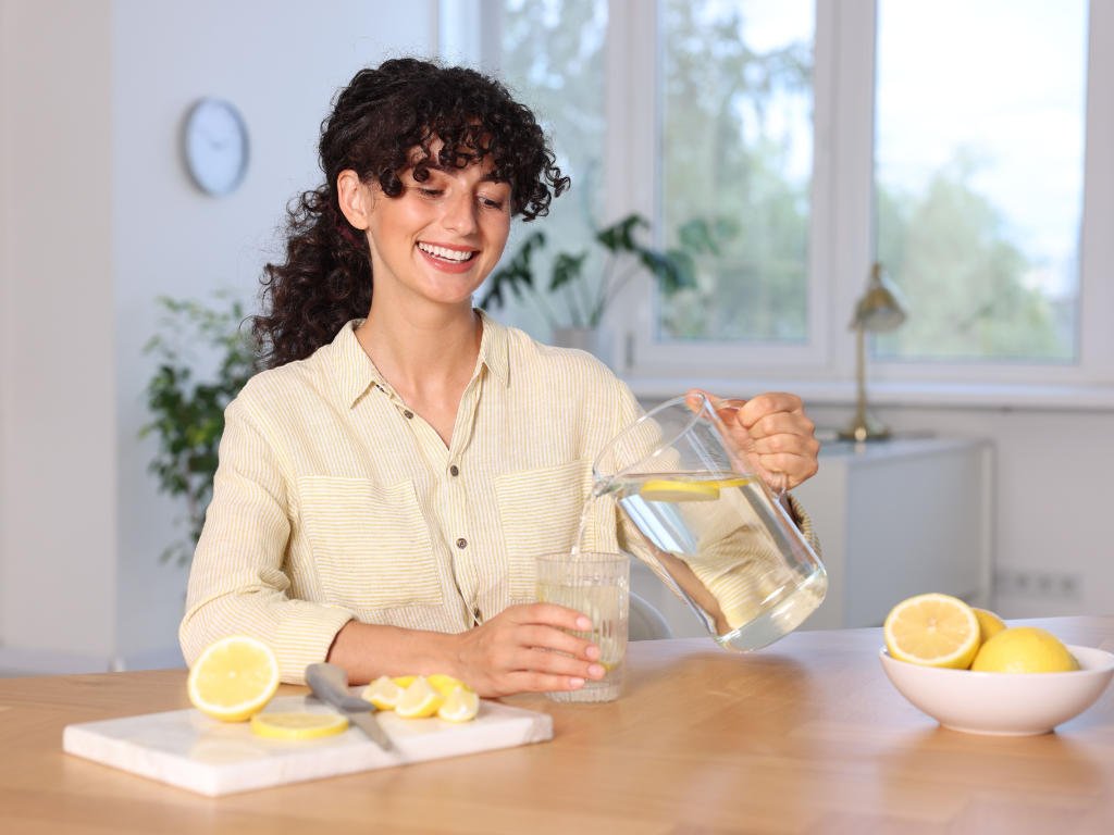 Woman pouring lemon water into a glass, supporting hydration and hormonal balance tips naturally