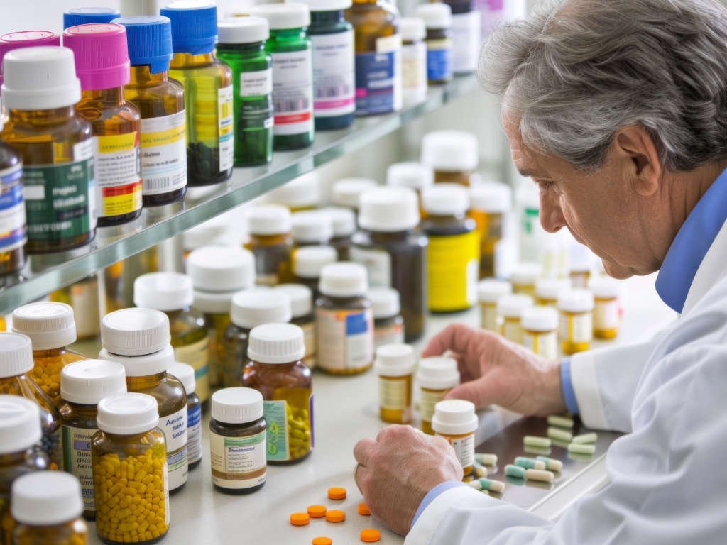 Pharmacist examining turmeric supplements and other products in professional lab setting highlighting supplement industry quality control and market standards