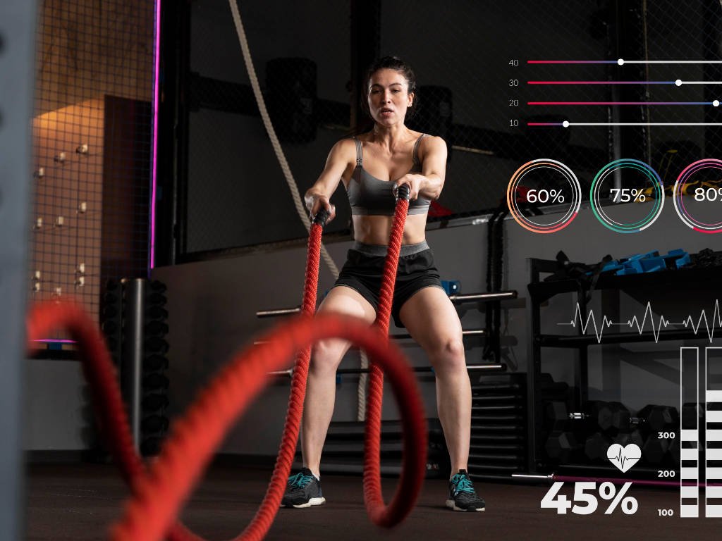 Professional woman performing ultimate fitness HIIT workout with battle ropes showing heart rate and performance metrics