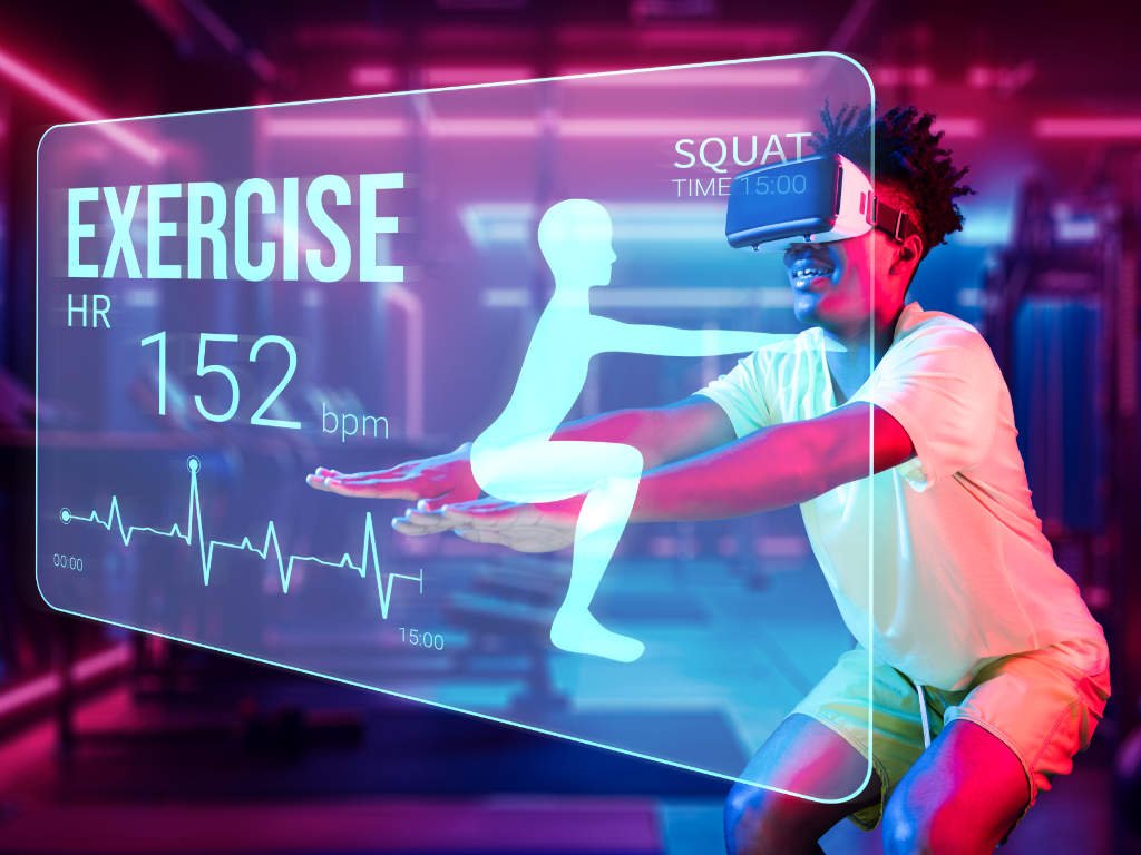 Man using VR headset for workout in a gym, showcasing ultimate fitness through smart technology