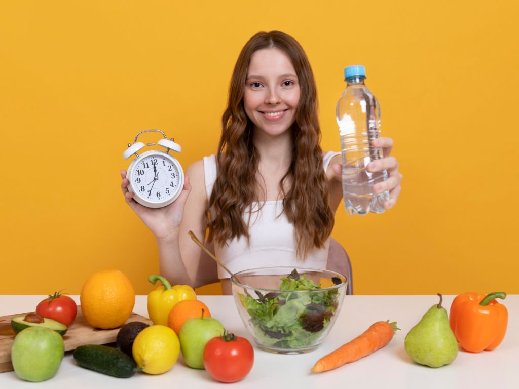 Woman demonstrating combined natural appetite suppressants for weight loss including water, timing, and fiber-rich foods like fruits and vegetables for maximum appetite control