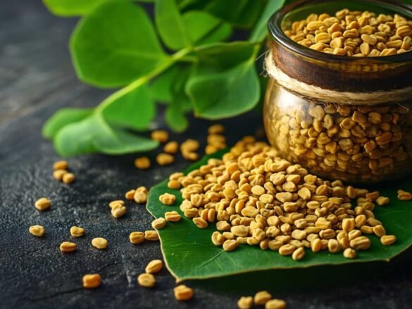 Fenugreek seeds natural appetite suppressants for weight loss displayed on green leaf with glass jar, showing plant-based weight management herbs
