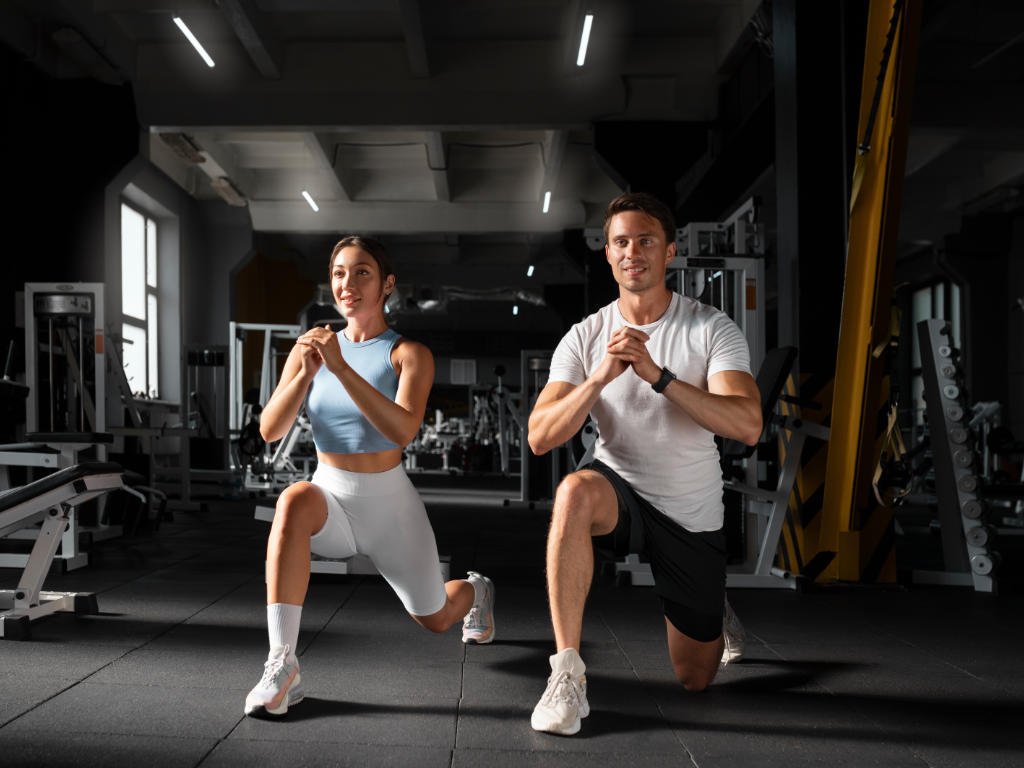 Exercise strategies that amplify natural remedies for fat loss featuring man and woman performing lunges in modern gym for effective natural fat burning