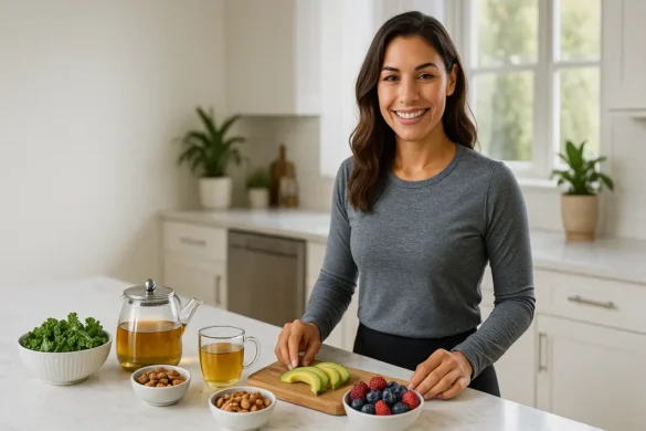 Happy woman in modern kitchen preparing natural appetite suppressants including green tea, almonds, and fiber-rich vegetables for healthy weight loss