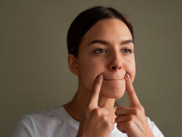 Woman touching different facial areas demonstrating combination skin balance hydration techniques