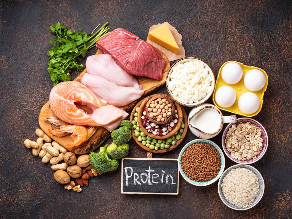 Variety of essential nutrients protein sources including salmon, lean meats, eggs, legumes, and dairy arranged around protein chalkboard sign for optimal physical and mental performance