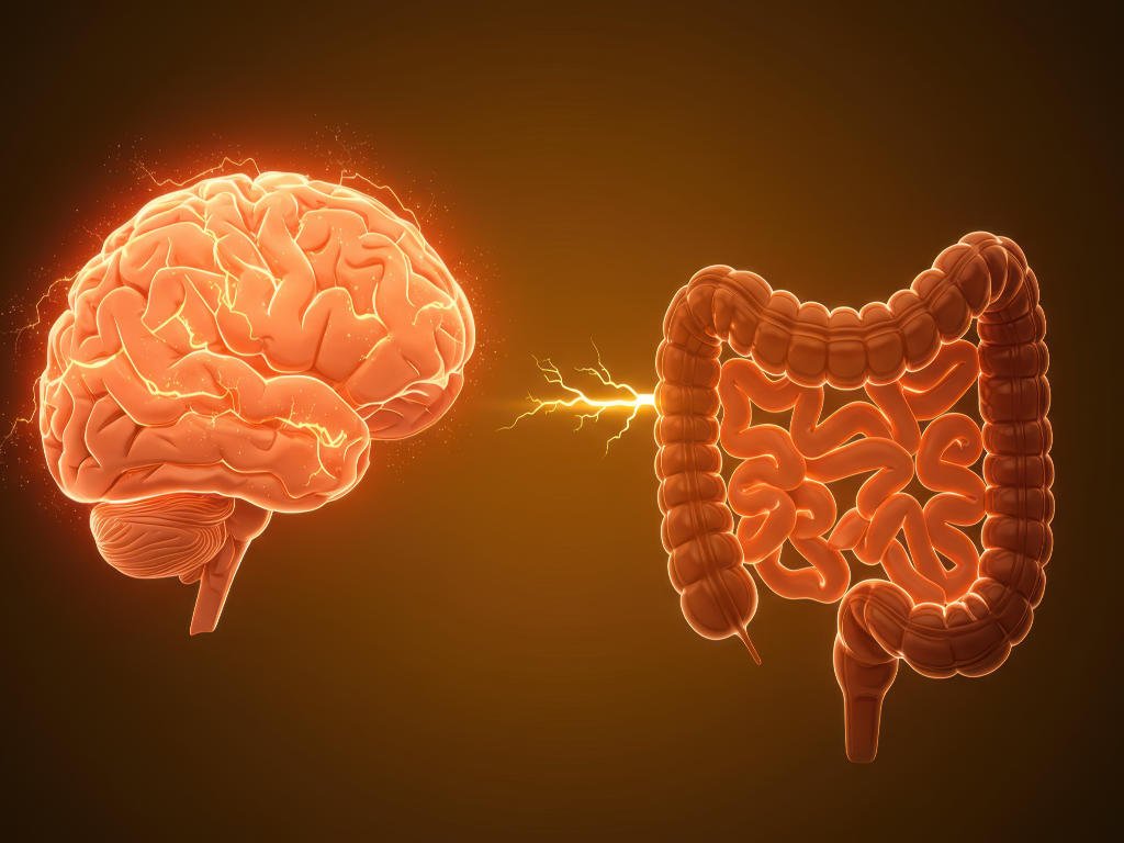 Brain and digestive system connection showing how probiotic-rich foods improve gut-brain health with glowing neural pathways