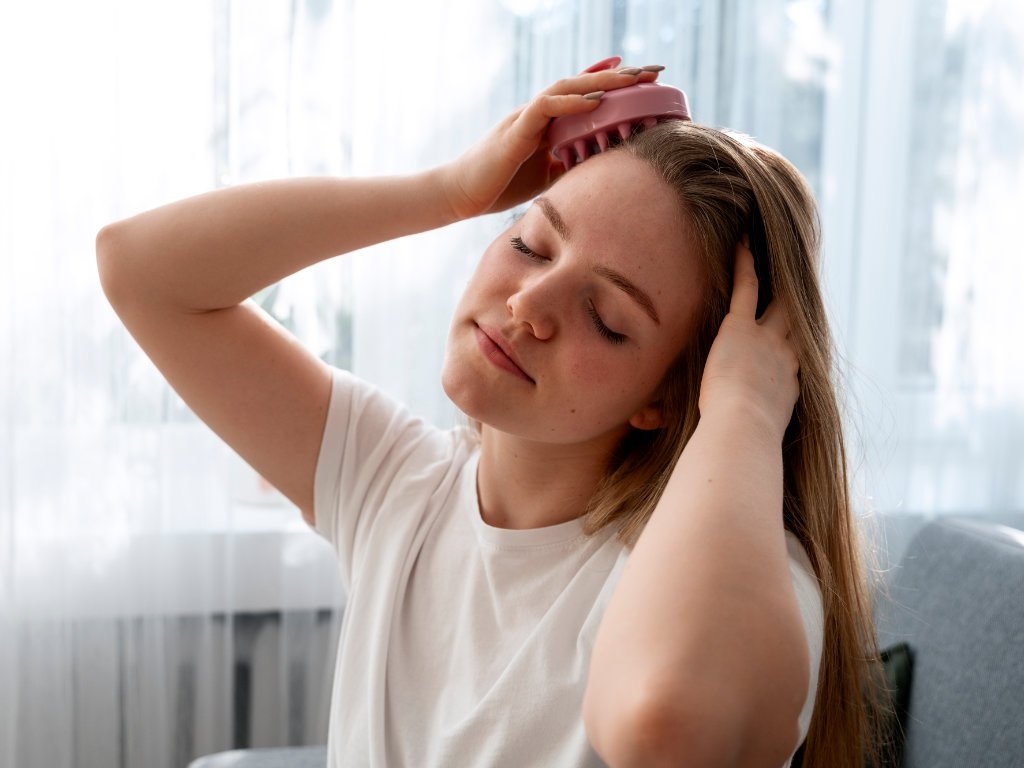 Woman using scalp massager tool showing proper application technique for hair oil for women to maximize benefits