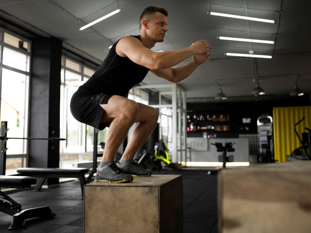 Man performing high-intensity cardio workouts with box jumps in modern gym training facility
