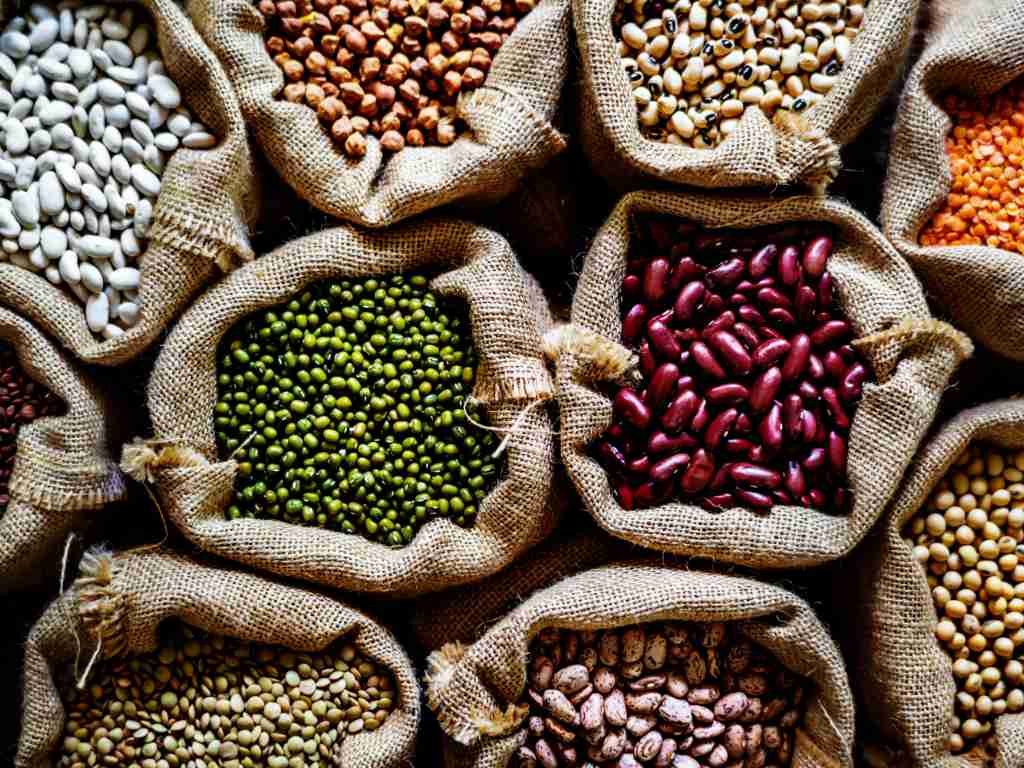 Variety of magnesium-rich legumes including kidney beans, lentils, and chickpeas in burlap sacks to combat magnesium insufficiency