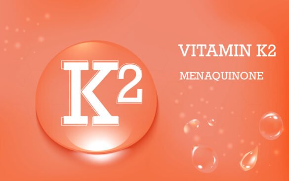 Vitamin K2 menaquinone supplement illustration showing K2 symbol on coral background with water droplets